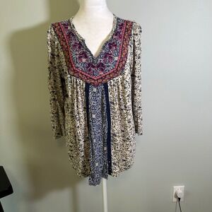 Lucky Brand Embroidered Floral Print Rayon Tunic Top Boho Bohemian Medium